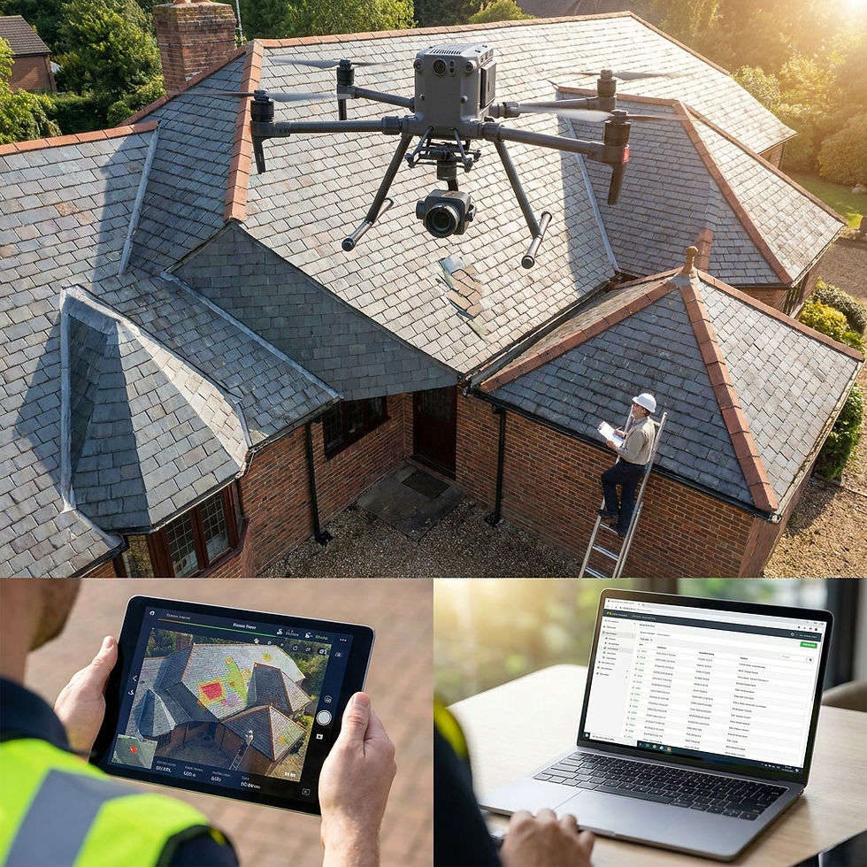 Drone hovers over a house roof; a person on a ladder inspects it. Tablet shows thermal image. Laptop with data in a bright setting.