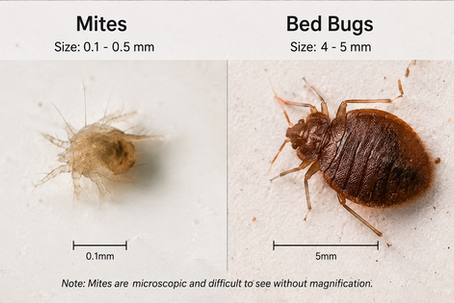 Close-up of a mite and a bed bug on a white background. Mite size: 0.1-0.5mm, bed bug size: 4-5mm. Text explains mites are microscopic.