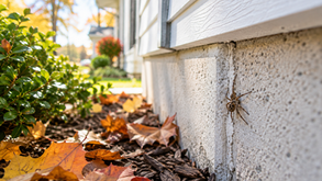 Spider on a house foundation wall beside autumn leaves and green shrubs in a sunny yard.