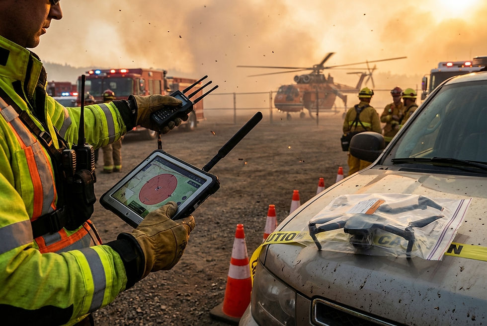 UAS response officer monitors a Temporary Flight Restriction during a wildfire response using Remote ID tracking.