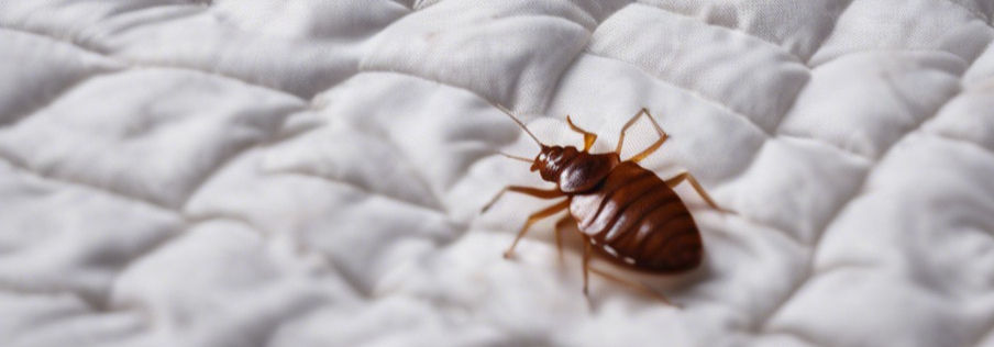 Brown bedbug on white quilted fabric, with detailed texture and natural light, conveying a sense of intrusion.