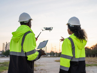 Two people in high-vis jackets and hard hats operate a drone with a remote and tablet in an open area at sunset.