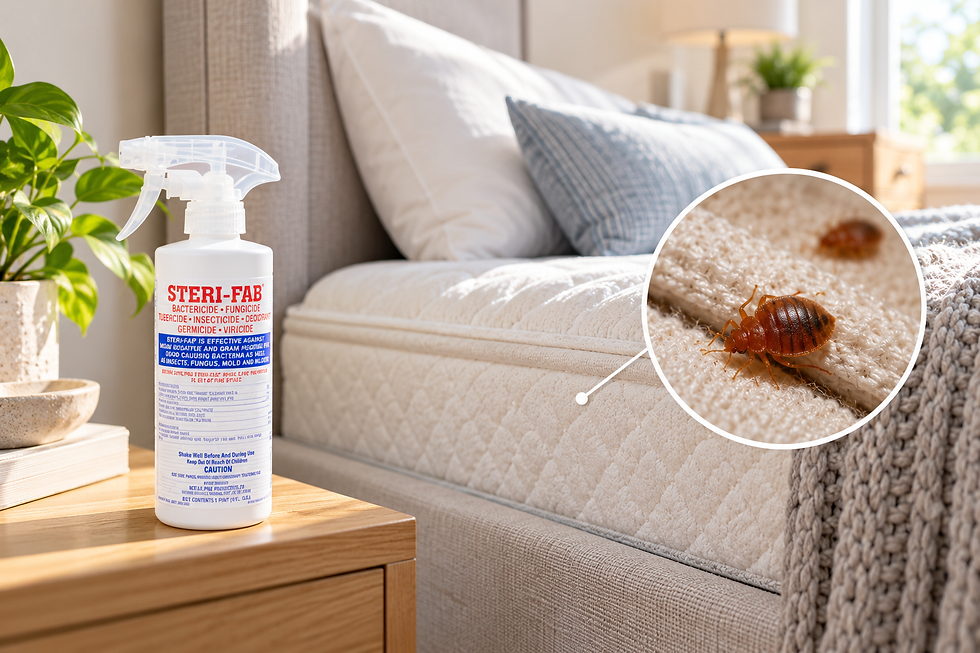 Steri-Fab spray bottle on a bedroom nightstand beside a bed; inset shows a bed bug on bedding in a bright, calm room.