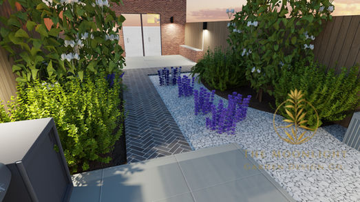 Technical 3D cinematic garden model for the Walworth transformation project, showcasing precise wireframe layouts, nocturnal lighting simulations, and material mapping used by Stuart Savage Landscaping.