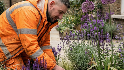 ​Stuart Savage, wearing an orange high-visibility jacket, is kneeling in a garden bed, planting a bulb. The garden features vibrant purple Alliums, spikes of lavender-coloured Salvia, and dark purple Heuchera foliage, set against a backdrop of traditional London brick architecture.