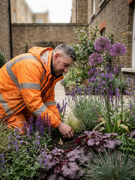 ​Stuart Savage, wearing an orange high-visibility jacket, is kneeling in a garden bed, planting a bulb. The garden features vibrant purple Alliums, spikes of lavender-coloured Salvia, and dark purple Heuchera foliage, set against a backdrop of traditional London brick architecture.