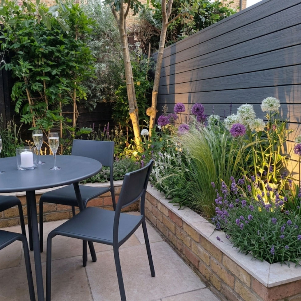 A contemporary courtyard garden with a dark grey composite slatted boundary and fully established white and purple planting. Lush architectural borders create a calm, cohesive sense of stillness, while 2700K ultra-warm LED uplighting highlights the structural plants and casts soft glows against the fence.