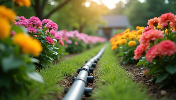 Eye-level view of a garden with drip irrigation tubes running along flower beds