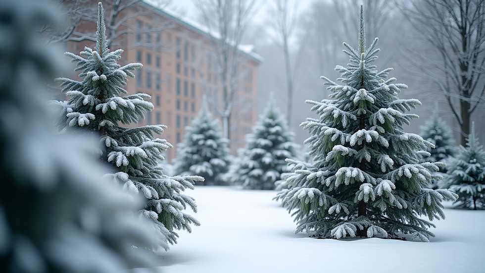 High angle view of a winter garden featuring conifers