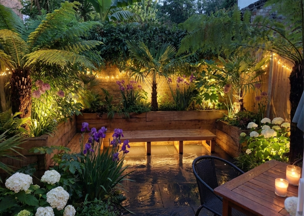 Tropical Brixton garden at sunset by Stuart Savage Landscaping with lit oak sleeper walls, warm white LED lighting and lush jungle planting in a South London garden