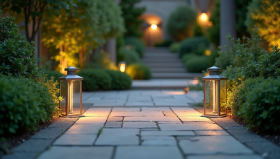 Eye-level view of a stone-paved garden patio with integrated lighting and lush greenery