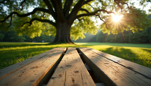 Eye-level view of a wooden garden bench under a large oak tree