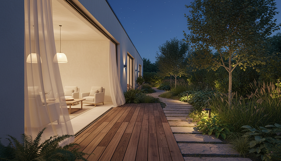 Eye-level view of a beautifully designed garden pathway with lush greenery