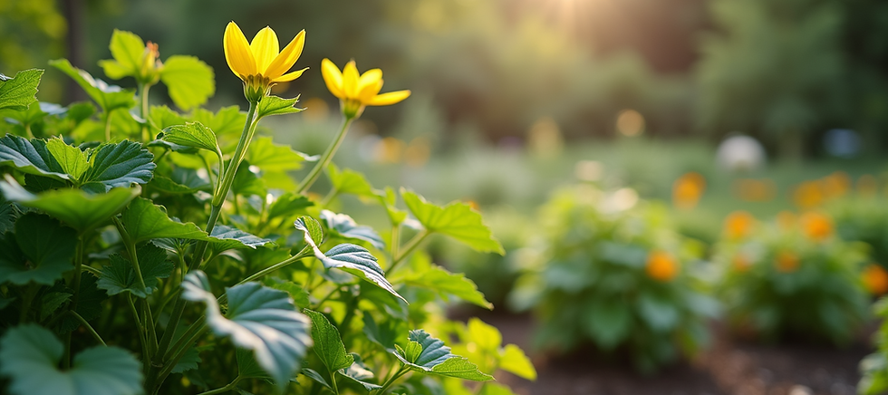 Vibrant yellow flowers in a garden at sunset