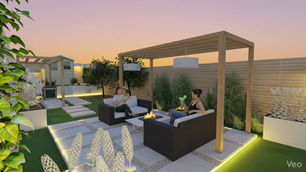 A garden transformed: Moving from a dark void to an inviting nocturnal sanctuary through cinematic 3D modelling. A high-end 3D cinematic render illustrating nocturnal garden design with warm LED uplighting on multi-stem birch trees and a contemporary stone patio.