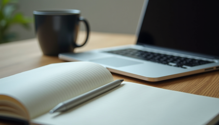 Vista frontal de uma mesa com um laptop aberto e um caderno ao lado, simbolizando a interação entre escritor e tecnologia