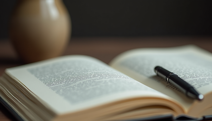 Close-up de um livro aberto de Dom Casmurro com uma caneta ao lado