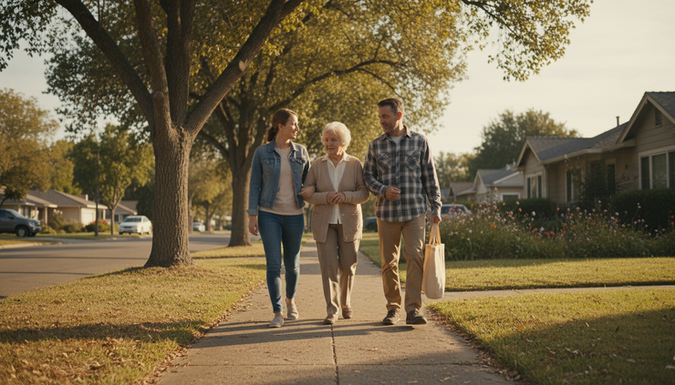 Wide-angle view of three family members walking slowly with an older adult on a neighborhood sidewalk.