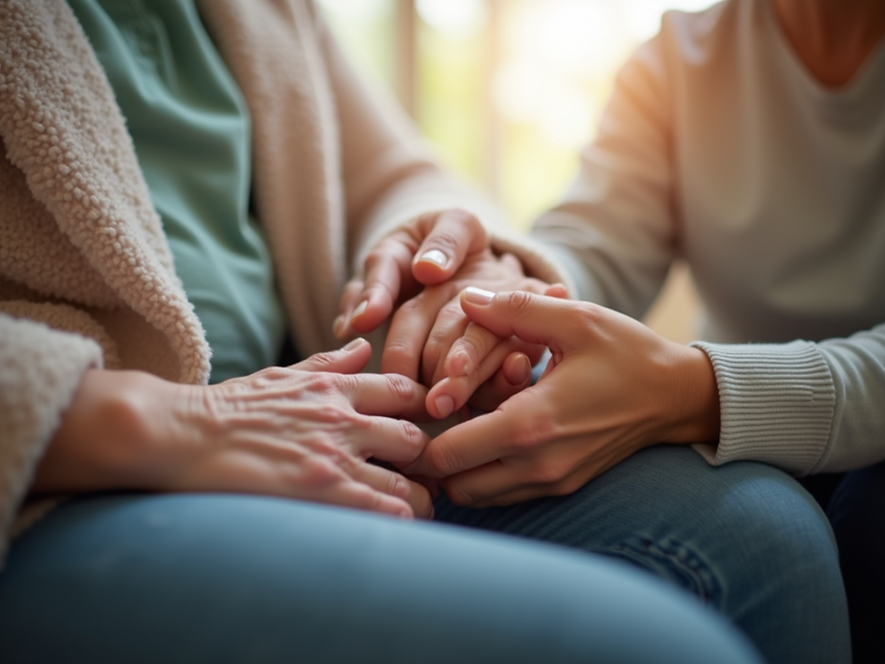 A close-up featuring-supportive-hands-of-caregiver-helping-senior-with-soft-natural-lighti