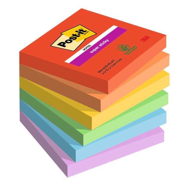 Blocco Post-it Super Sticky - 654-6SS-PLAY - 76 x 76 mm - colori Playful - 90 - immagine principale
