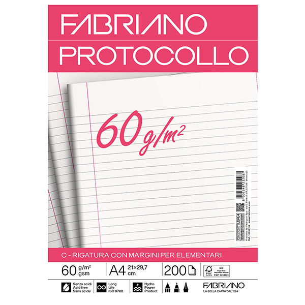 Foglio protocollo - A4 - 1 rigo c/margine - 60 gr - Fabriano - conf. 200 pezzi - immagine principale