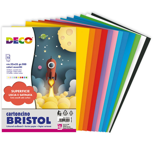 Cartoncino Bristol - 25 x 35 cm - 200 gr - colori assortiti - 15 fogli - Deco - immagine principale
