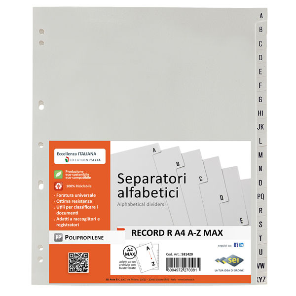 Separatore alfabetico A/Z Record R - PP - 24,5 x 30 cm - A4 maxi - grigio - Sei - immagine principale