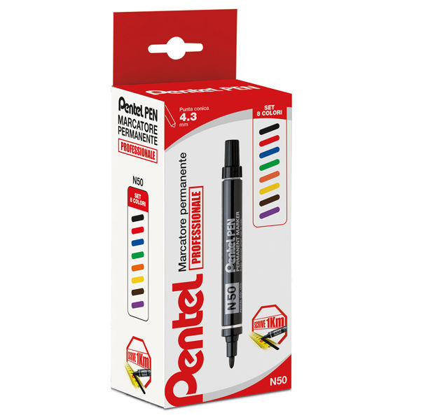 Marcatore permanente N50 - punta tonda - astuccio 8 colori assortiti - Pentel - immagine principale