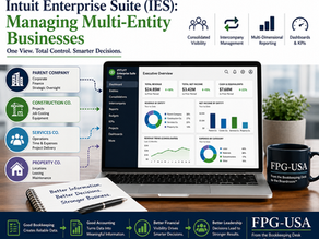 Intuit Enterprise Suite multi-entity financial management dashboard showing consolidated reporting, intercompany management, multidimensional reporting, and KPIs