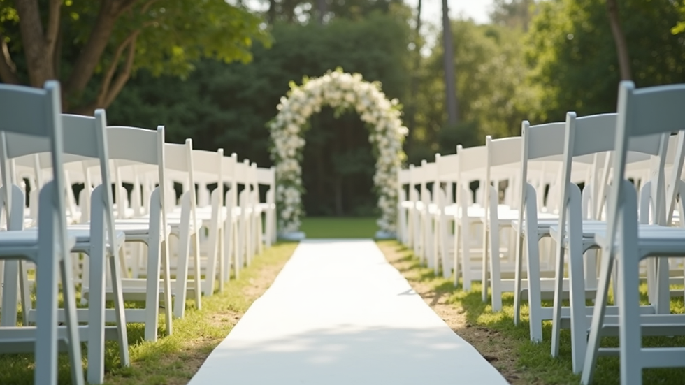 Eye-level view of elegant white wedding chairs arranged outdoors