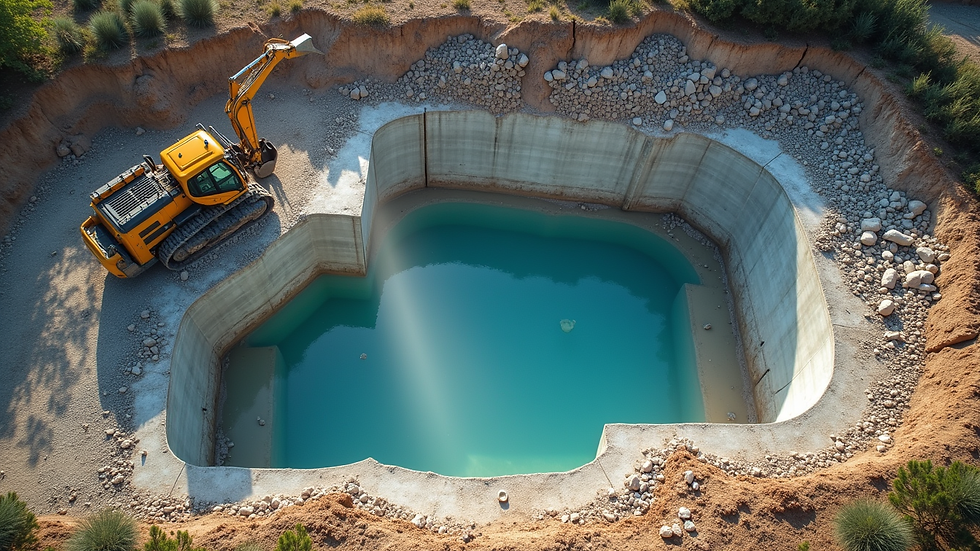 High angle view of a concrete pool being demolished with heavy machinery