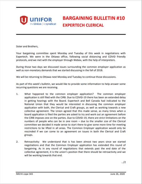 EXPERTECH CLERICAL BARGAINING BULLETIN 10
