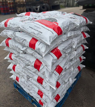 Pallet stacked with bags of smokeless ovoids solid fuel