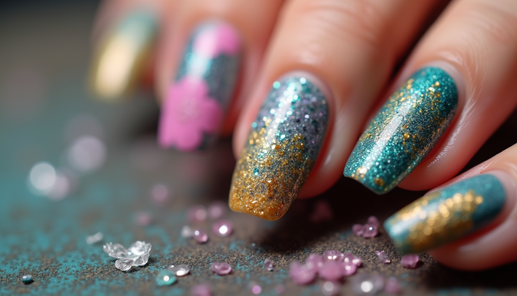 Close-up view of colorful nail art designs on fingernails