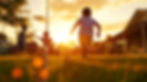 Children playing in a sunny backyard at golden hour; home