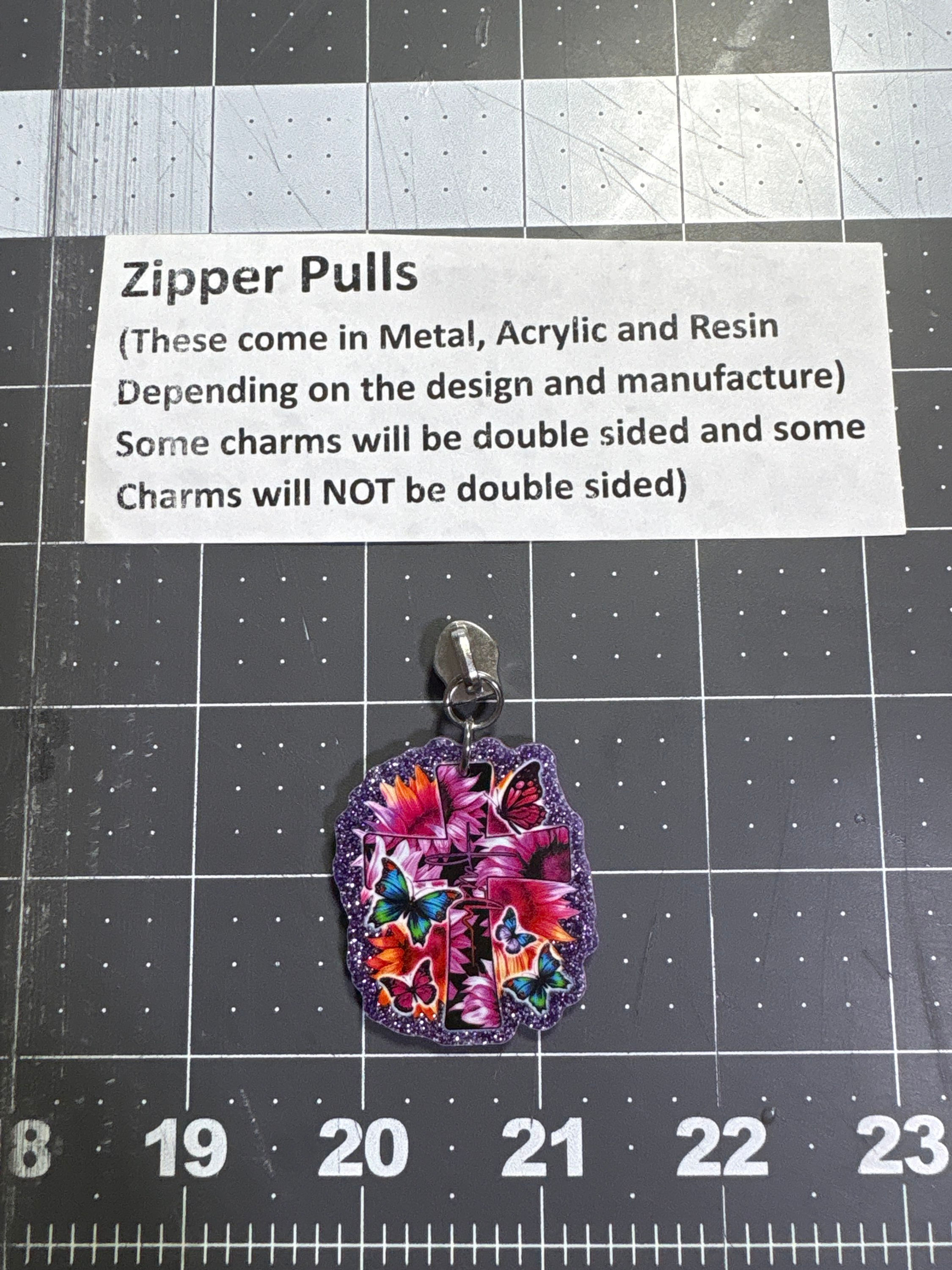 Zipper Pull- Faith Cross Butterflies Pink 