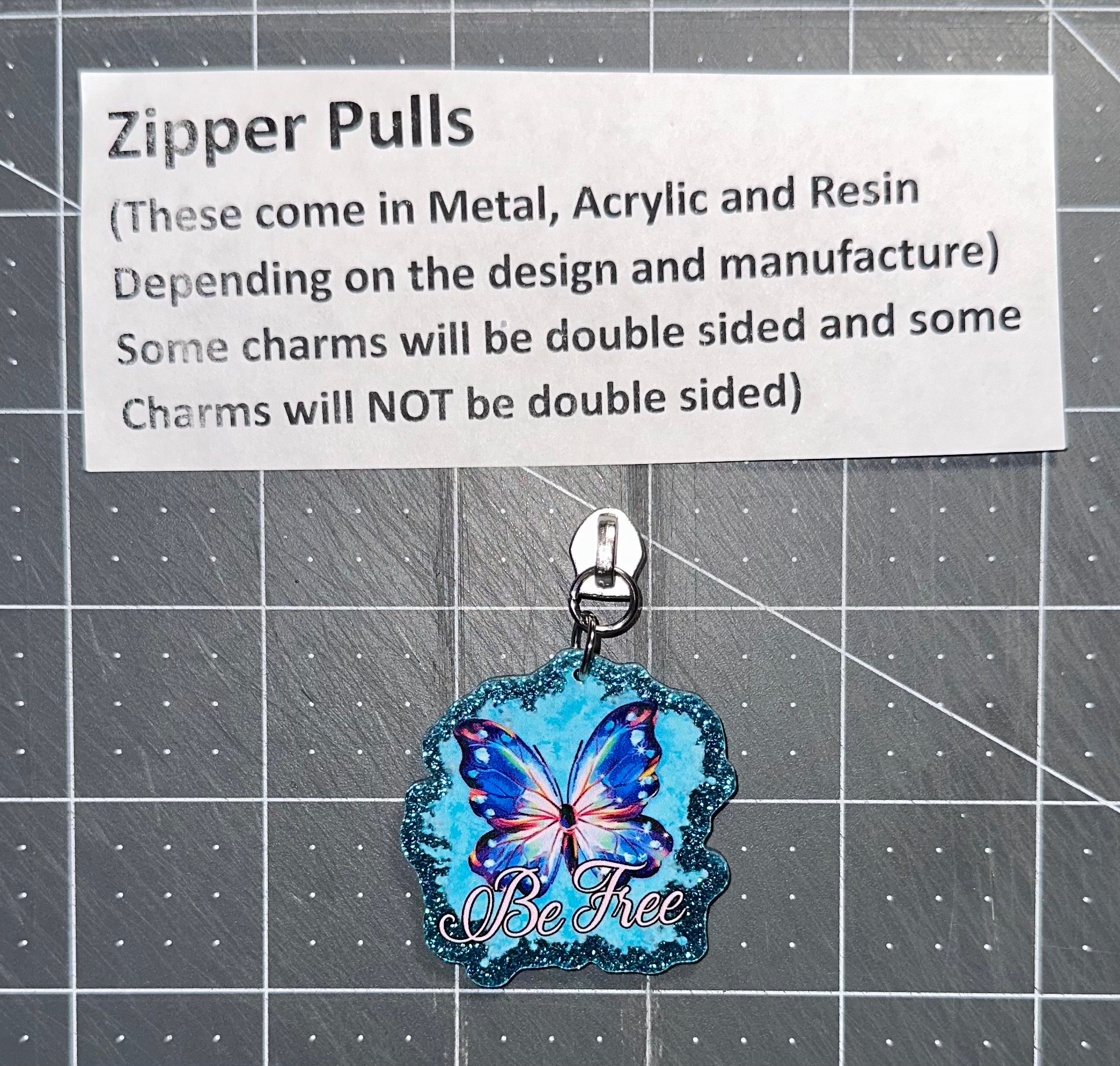 Zipper Pull- Be Free butterfly blue glitter