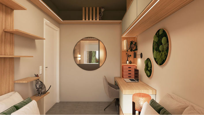 Büro und Gästezimmer mit Katzenlaufwegen im Japandi Stil