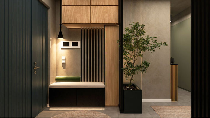 Flur im Japandi-Stil mit Schiebetür, Stauraum & IKEA-Bank