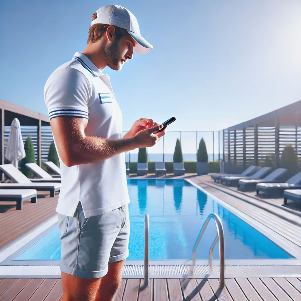 Homme qui regarde un smartphone au bord d'une piscine