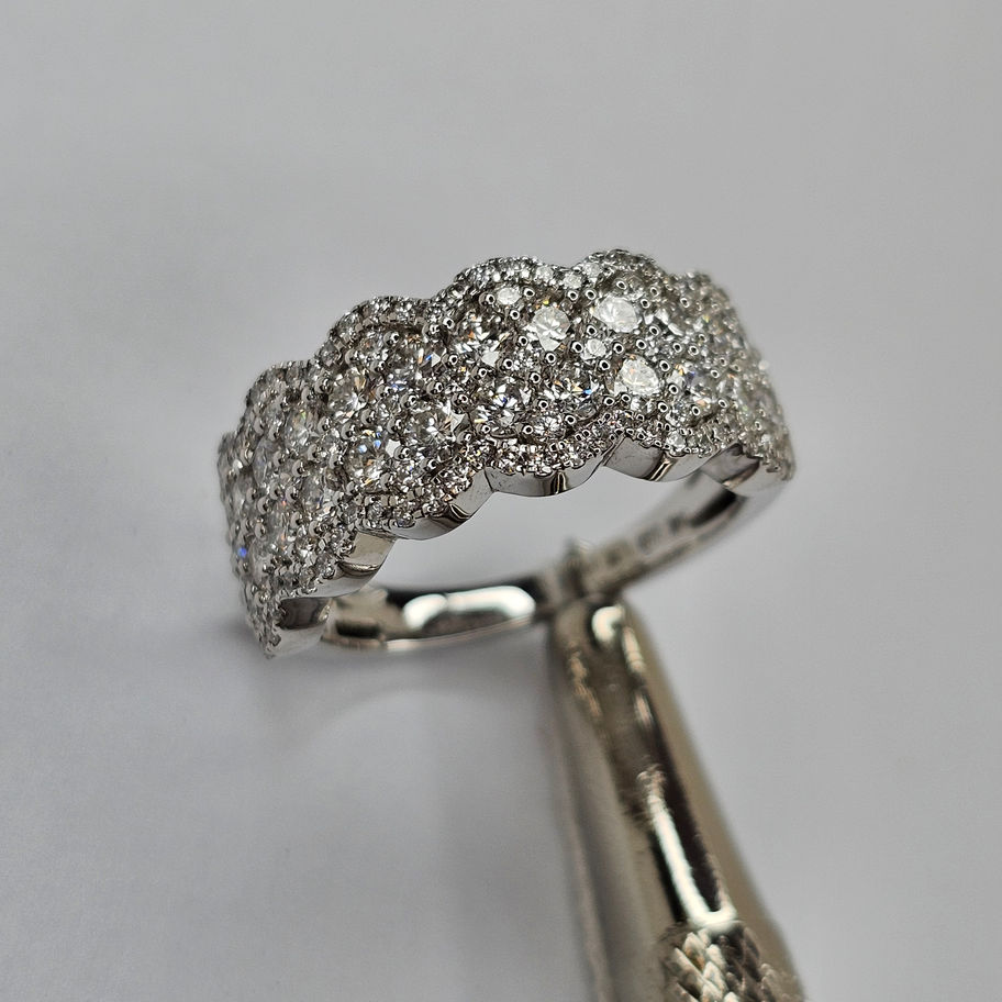 14K white gold diamond pavé ring featuring 1.70-2.10 carats of round lab-grown diamonds with D-F color and VVS clarity