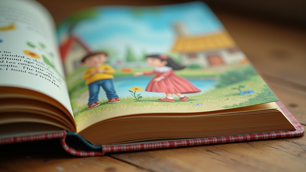 Close-up view of a colorful children's storybook with engaging illustrations