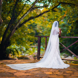 a woman in a wedding dress and veil stands on a bridge