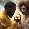 A man and woman in yellow clothing holding a bee, showcasing their affinity for nature and insects.