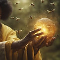 A man in a robe holds a glowing ball of bees, showcasing a unique blend of mysticism and nature's beauty.