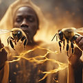 A man in a robe gently holds two bees in his hands, showcasing a harmonious connection with nature.