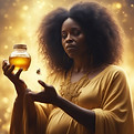 A woman holds a jar of honey as bees buzz around her, creating a harmonious scene of nature's sweetness.
