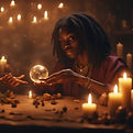 Fortune teller holding crystal ball surrounded by candles.