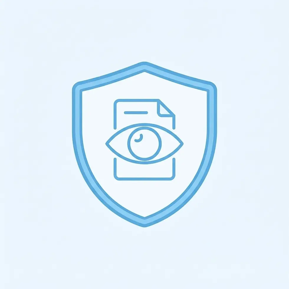 Digital illustration of a shield icon with an eye and document. Symbolizes data privacy and digital security.
