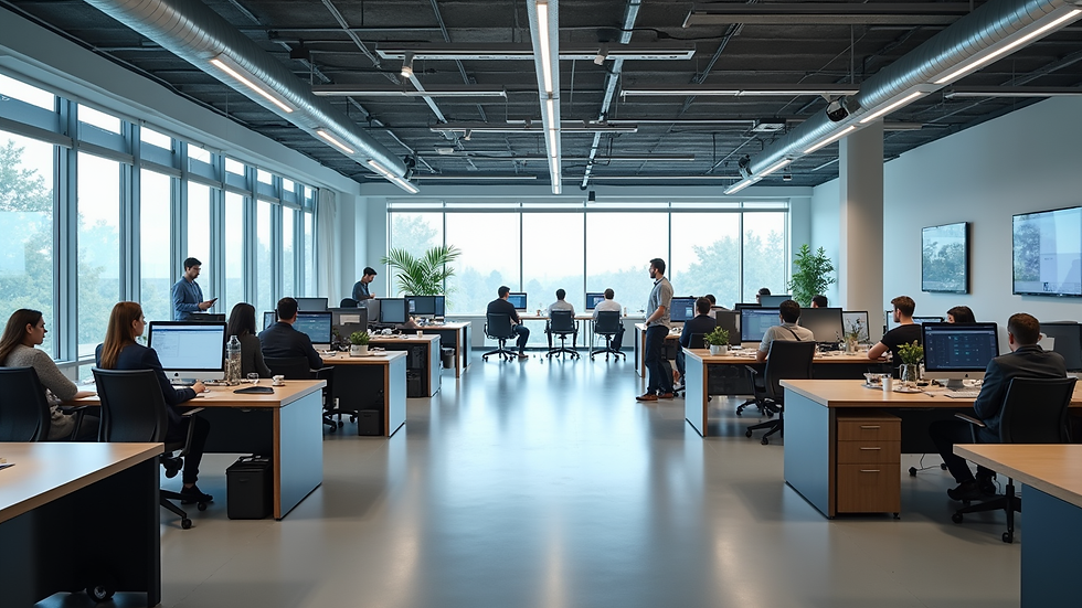 High angle view of a modern innovation lab filled with collaborative workspaces